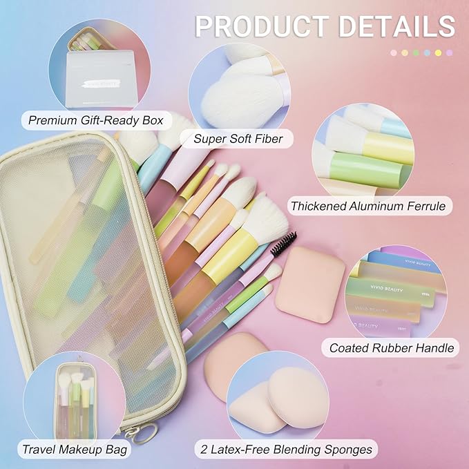 Makeup Brushes, 18Pcs Makeup Brush Set with 2 Sponges & Travel Bag, Colorful Make up Brushes for Foundation Powder Blush Blending Eyeshadow, Soft Synthetic Fiber, Rubber Handle, Face & Eye Brush Kit