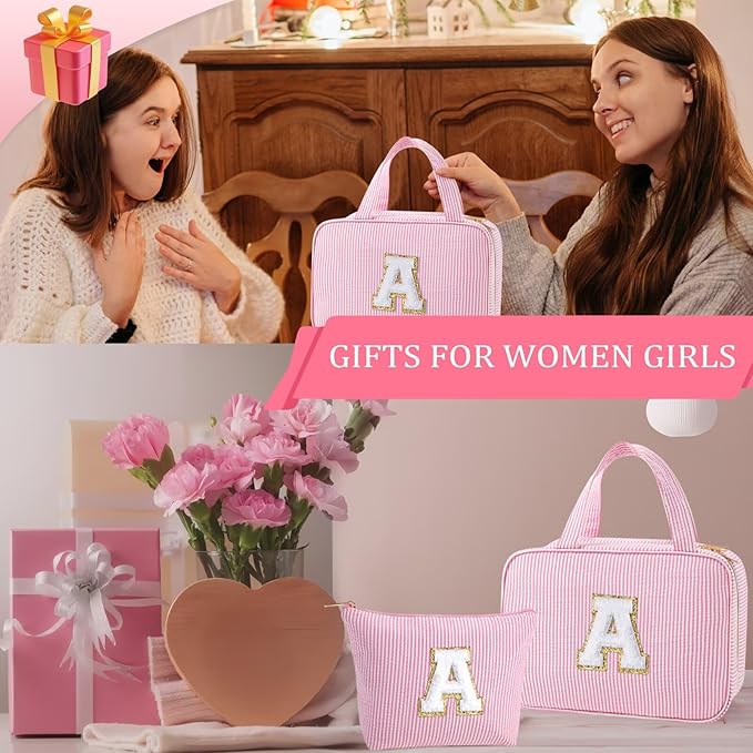 YOOLIFE Teen Girl Gifts Trendy Stuff - Birthday Gifts for 7 8 9 10 11 12 13 14 15 16 17 18 Year Old Teen Girls, Hanging Toiletry Bag Initial Makeup Bag - Letter E, Pink