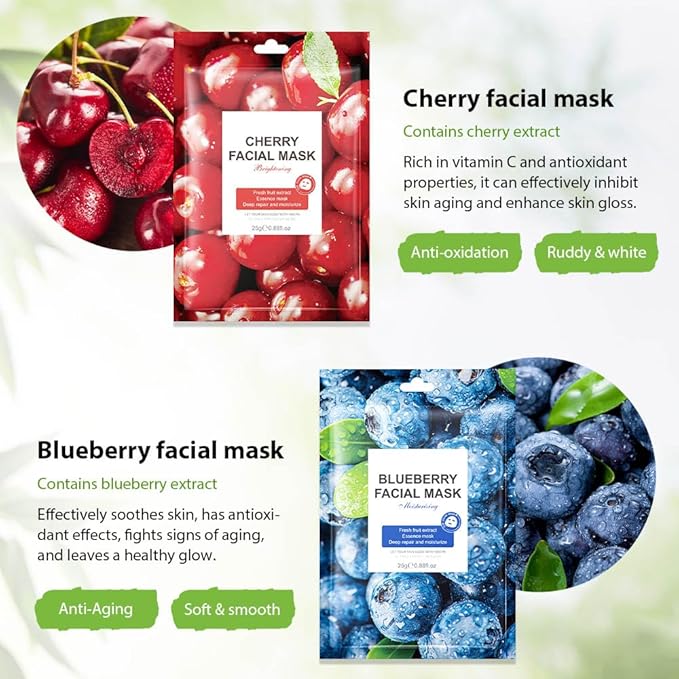 6 PCS Real Nature Hydrating Strawberry Cherry Peach Face Mask skincare, Hyaluronic Acid, Vitamin C and E, Chamomile, Korean Beauty Essence Facial Paper Sheet Mask for Skin Care Moisturizing