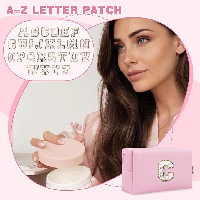 Small Personalized Initial A-Z Patch Makeup Bag,Pink Cute PU Leather Glitter Letter Cosmetic Bag for Teen Girls,Travel Toiletry Bag with Zipper,Preppy Monogrammed Birthday Gift for Daughter Niece C