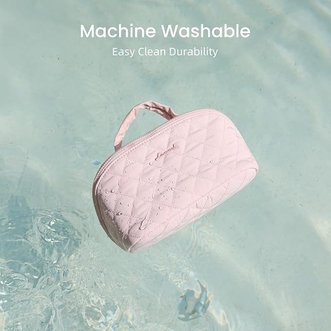 LOVEVOOK Travel Makeup Bag for Women, 2Pcs Puffer Waterproof Cosmetic Organizer, Large Capacity Pouch Open Flat Small Toiletry Bag with Brush Compartment & Handle, Portable Gift for Her, Pink