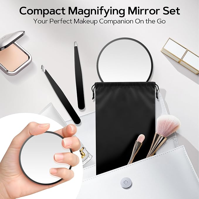 MIYADIVA Magnifying Mirror Set, 20x&30x&40x Suction Cup Makeup Mirror, 2 Tweezers & Storage Bag, 3.5 Inch Compact Mirror for Travel, Bathroom, Home, Gifts for Women