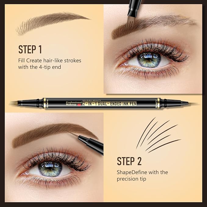 Eyebrow Pen, Soleira Waterproof Eyebrow Pencil with 4 Tip Microblading Eyebrow Pen and Dual-ended Eyebrow Brush, for Natural-Looking Brows, Long-Lasting, COCO Dark Brown