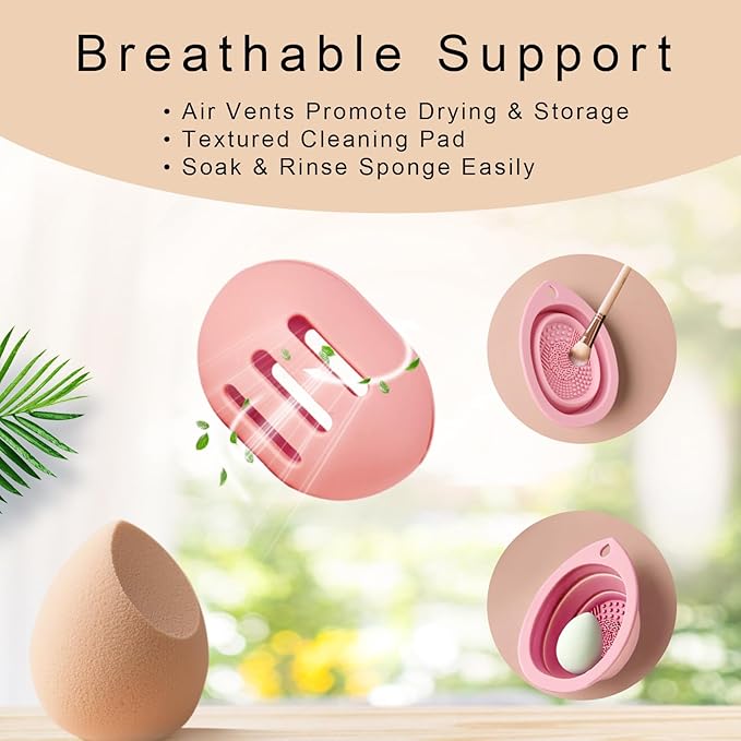 Silicone Makeup Brush Holder Set – Portable Travel Makeup Brush Holder with Makeup Sponge Holder and Foldable Cleaning Bowl – Upgraded 3-in-1 Cosmetic Organizer Set (powdered pink)