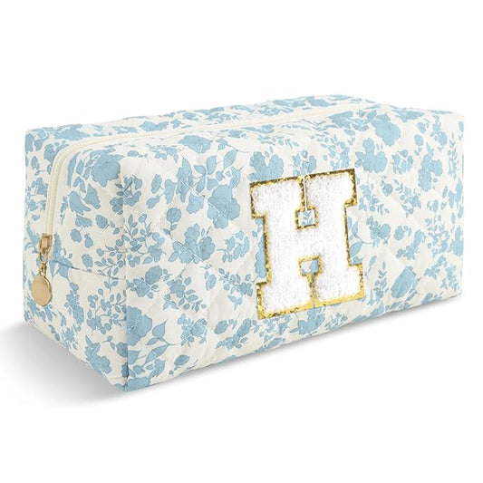 Personalized Quilted Cosmetic Bag, Puffy Monogrammed Christmas Birthday Gifts for Women & Girls, Cute initial Floral Makeup Bag Puffer Coquette Bag, Aesthetic Travel Toiletry Zipper Pouch(Blue,H)