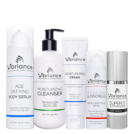 Vibriance Premium Skincare Bundle | Super C All-in-One Serum, Face Cleanser, Moisturizing Cream, Sheer Zinc Sunscreen SPF 50, Age Defying Body Creme - Heal, Hydrate, Protect, Rejuvenate