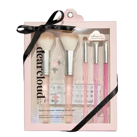 dearcloud Mystic Wonder Makeup Brush Set – 5 Piece Makeup Brushes with Stickers – Eyeshaddow, Angled, Precision, Blush & Powder Brush