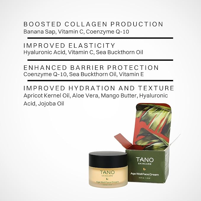 Tano Age Well Face Cream – Retinol Alternative with Banana Sap, Hyaluronic Acid, Vitamin C – Reduces Wrinkles, Firms Skin, Boosts Collagen – Fragrance Free, EU Clean, Travel Size 0.5oz