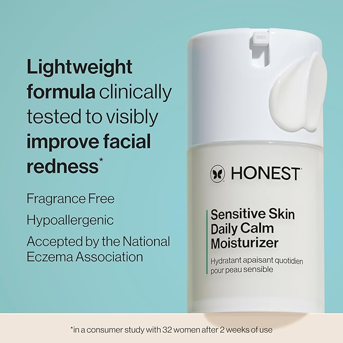 Honest Beauty Sensitive Skin Daily Calm Lightweight Moisturizer | Reduces Redness, Hydrates, + Calms Skin | Hypoallergenic, Fragrance Free, Vegan | 1.7 fl oz