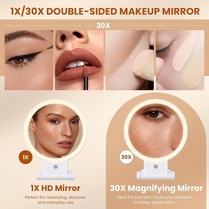 Lighted Makeup Mirror with 1X/30X Magnification, 3 Color Dimmable Lights, 2000mAh Rechargeable Double-Sided/Switch Vanity Mirror, 360° Swivel Tabletop & Hanging Design, Adjustable Brightness