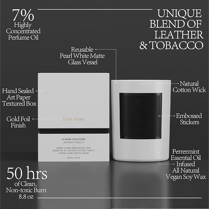 Scented Aromatherapy Candle Lavender Essential Oil All Natural Soy Wax Leather & Tobac Highly Scented Candles for Home Christmas Gifts for Men Anniversary for Him Office Decor Gift Ideas 8.8oz 50hrs