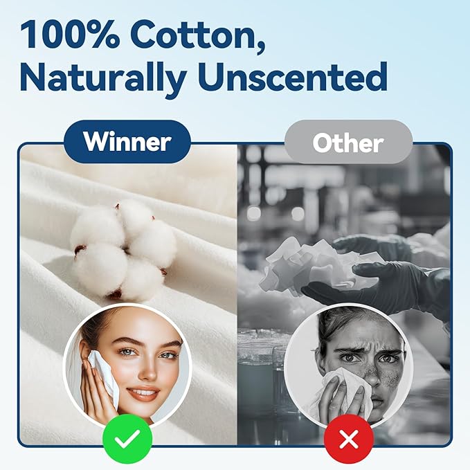 Winner Softer Face Towels - 100% USA Cotton Dry Wipes, 300 Count Unscented Cotton Tissues for Sensitive Skin, OEKO-TEX Certified Face Towelettes Disposable, Makeup Remover Facial Towels, 3 Pack