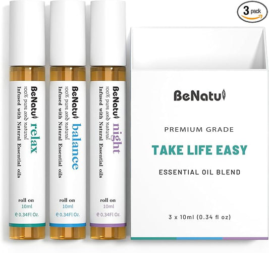 Essential Oil Set (Relax, Night, Balance), Aromatherapy Roll On Blends for Massage, Body Care & Home Use, Great Fragrance Gift for Men & Women Relaxation