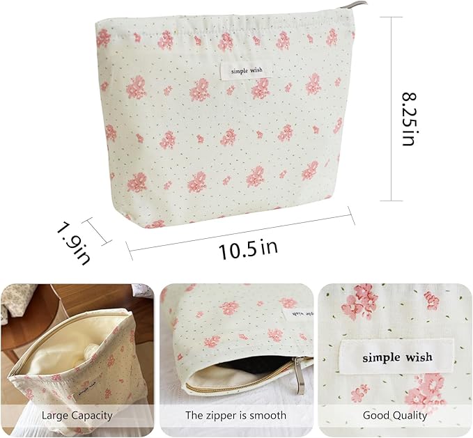 Wudygirl Cute Makeup Bag for Women - Travel Cosmetic Bag with Zipper Makeup Pouch Floral Make up Organizer Handbag Aesthetic (Pink Floral)