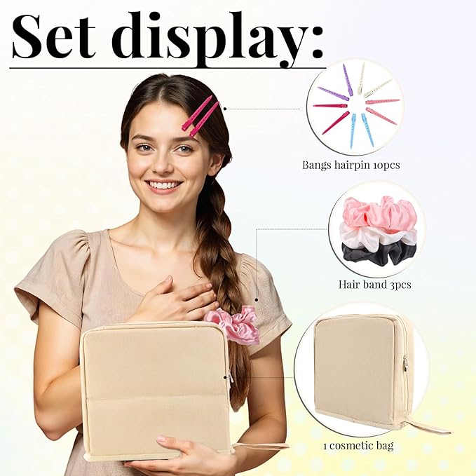 Standing Makeup Bag Gift Set – Large Travel Cosmetic Organizer That Supports Mirror or Phone – Includes 3 Silk Scrunchies & 10 Duckbill Hair Clips – Great Gift for Women & Girls (BEIGE)