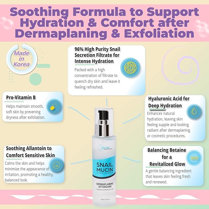 Snail Mucin Hydrating Serum for Post-Dermaplaning – Korean Beauty Skincare to Soothe, Hydrate & Renew Skin After Face Razors & Dermaplaning Tools – Ideal For Dermplane and Daily Routine