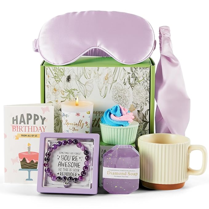 Birthday Gifts for Women, Spa Gift Baskets Set for Women Mom Friend Sister Wife Daughter Girlfriend Coworker, Self Care Bath Spa Body Relaxing Gift Box Unique Happy Birthday Gifts for Female(Purple)