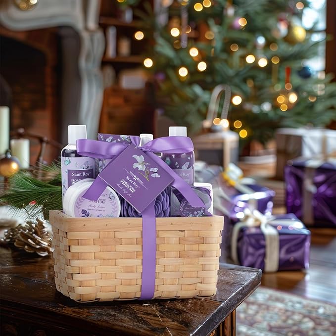 Bath & Shower Spa Basket Gift Set, Floral Perfume Scent, with Shower Gel, Bubble Bath,Body Lotion, Bath and Body Gift Box for Women, Self Care Gifts Basket for Her, Birthday Gifts