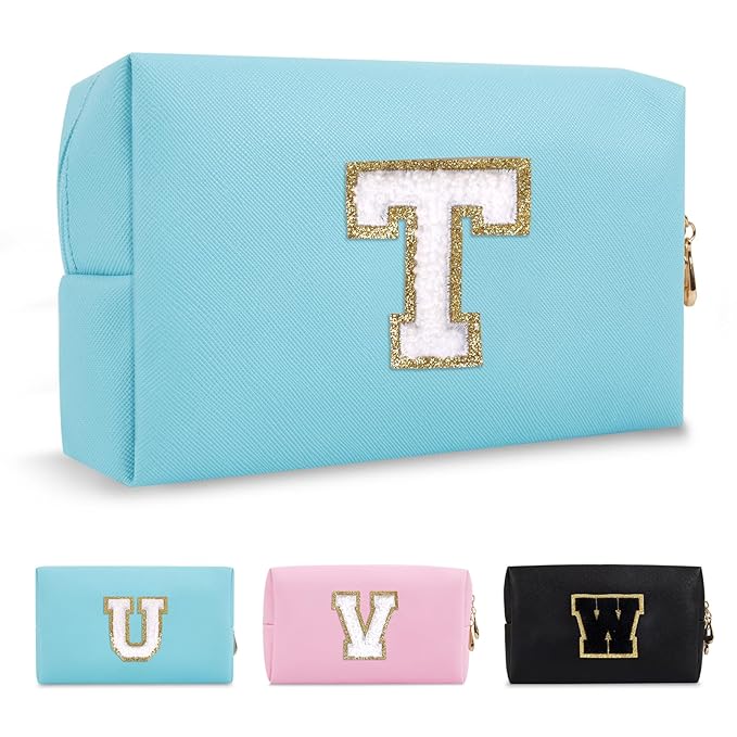 Small Personalized Initial A-Z Preppy Patch Makeup Bag,PU Chenille Letter Travel Cosmetic Pouch with Zipper,Blue Cute Toiletry Bag,Gift Ideal for Teen Girls Women Teacher Bridesmaid,Letter T