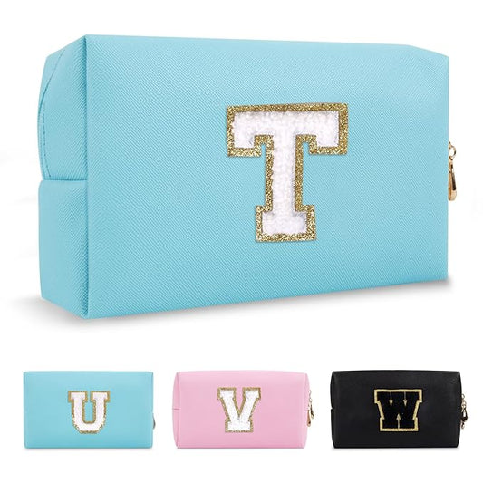 Small Personalized Initial A-Z Preppy Patch Makeup Bag,PU Chenille Letter Travel Cosmetic Pouch with Zipper,Blue Cute Toiletry Bag,Gift Ideal for Teen Girls Women Teacher Bridesmaid,Letter T