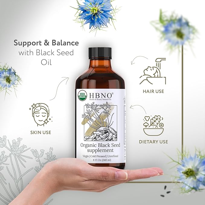 HBNO Organic Black Seed Oil - Huge 8oz (240ml) Glass Bottle Value Size - USDA Certified Organic Black Seed Oil, Cold Pressed for Face, Body, Lips, Shampoo & Conditioner