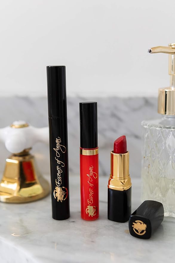 Essence of Argan Moisturizing Lipstick, Nourishing Lip Gloss & Lash Conditioner Mascara with 100% Pure Organic ECOCert Argan Oil - Voluptuous Sexy Lips & Longer Stronger Lashes Makeup Set