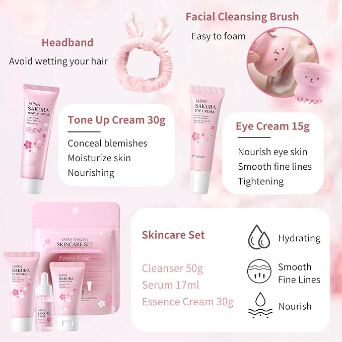 Japan Sakura Skin Care Set for Teen Girls - Evolvique Skin Care for Teens 10-12 - Skincare for Girls 10-12 - Skin Care Kit Gift Set for Women with Cleanser,Serum,Cream(One Size, 8PCS Sakura Scent)