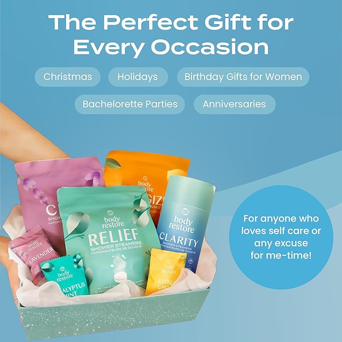 Body Restore Shower Steamers Aromatherapy 30 Pack - Birthday Gifts for Women, Men, Travel Essentials, Stress Relief, Relaxation, Self Care, Bath Bombs - Collector’s Box