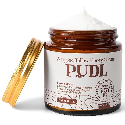PUDL Grass Fed Beef Tallow for Skin Care with Manuka Honey, Organic Olive Oil and Jojoba Oil – Whipped Lotion Balm Anti-Aging Moisturizer Deeply Nourishing for Sensitive Skin Face & Body