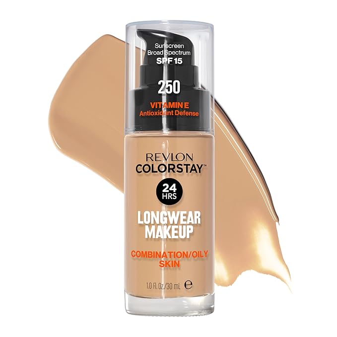 Revlon Liquid Foundation, ColorStay Face Makeup for Combination & Oily Skin, SPF 15, Medium-Full Coverage with Matte Finish, 250 Fresh Beige, 1 fl oz