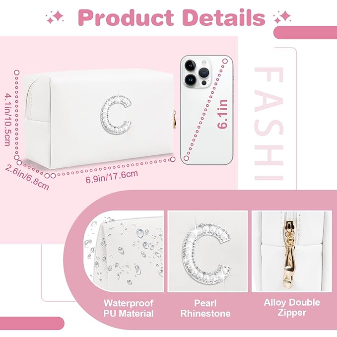 Bride Gifts – Personalized Initial Makeup Bag with Pearl Rhinestone Patch, Preppy White Monogram Cosmetic/Toiletry Pouch, bridesmaid Gifts, Bridal Shower Gifts, Wedding Gifts, Bridal Gifts,C