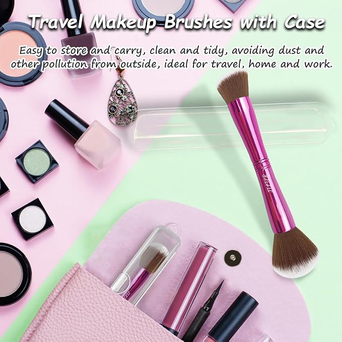 Jilier 4 in 1 Makeup Brush Set, Travel Makeup Brushes with Case, Foundation/Blush Brush, Eyeshadow Powder Brush, Concealer Brush, Double Ended Makeup Brush Ideal for Liquid, Cream, Powder, Concealer