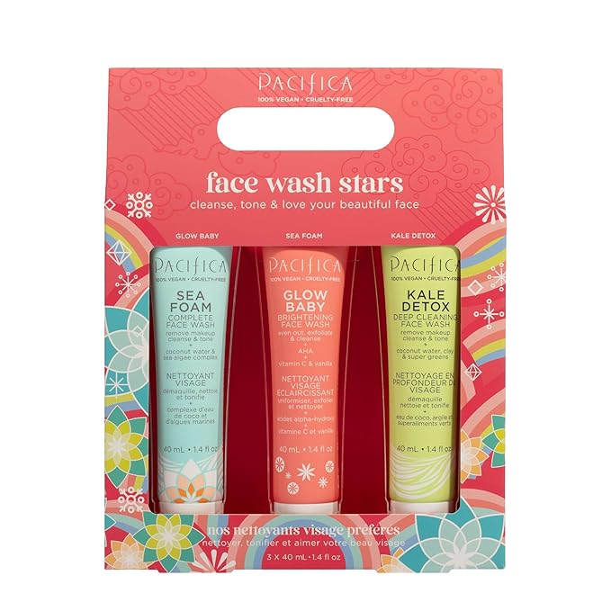 Pacifica Face Wash Set - Preppy Skincare Gift Set Value Kit for Holidays | Brightens, Tones and Deep Cleans |Glow Baby, Kale Detox and Sea Foam | 3 Pack