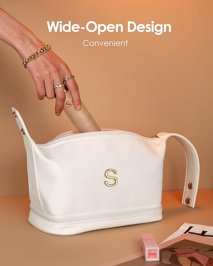 Gifts for Teen Girls, Initial Makeup Bag, Personalized Bags with Handle, Waterproof Double Layer Cosmetic Bag, Large Capacity PU Leather Makeup Bags Letter Travel Toiletry Bag, Friend Gifts