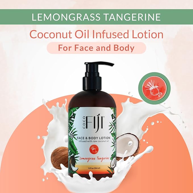 Coco Fiji Face & Body Lotion Infused With Coconut Oil | Lotion for Dry Skin | Moisturizer Face Cream & Massage Lotion for Women & Men | Lemongrass Tangerine 12 oz, Pack of 3