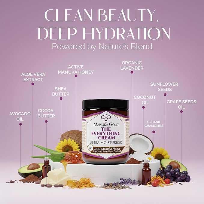 Manuka Gold The Everything Cream - Honey Manuka Cream in Glass Jar with Nourishing Oils for Dry skin - Hydrating Face Moisturizer with Aloe, Shea & Coconut 4 Fl Oz