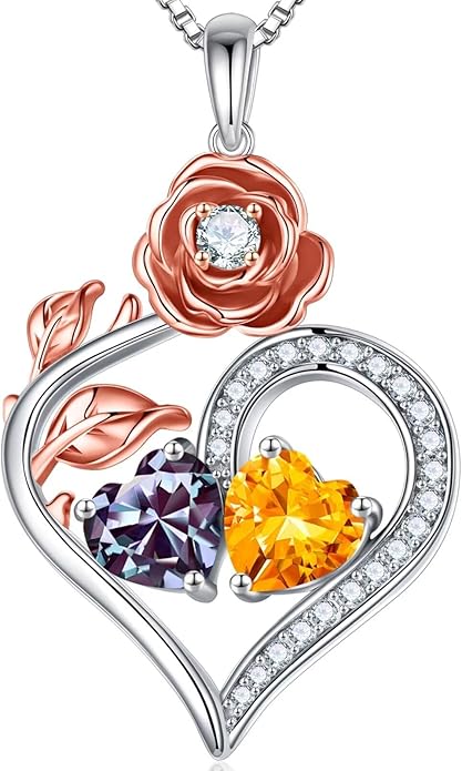 Iefil Rose Heart Birthstone Necklaces for Women - 925 Sterling Silver Double Birthstone Necklace, Anniversary Birthday Gifts for Women, Jewelry Gifts for Wife Her