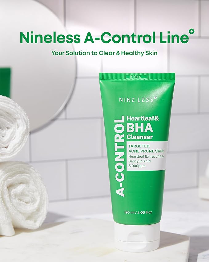 NINELESS A-Control Heartleaf & BHA Cleanser – Korean Exfoliating Face Wash with Salicylic Acid for Clear Skin – Blackhead Remover, Deep Pore Cleansing, 4.05oz.
