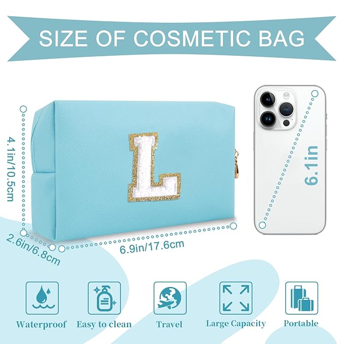 Small Personalized Initial A-Z Preppy Patch Makeup Bag,PU Chenille Letter Travel Cosmetic Pouch with Zipper,Blue Cute Toiletry Bag,Gift Ideal for Teen Girls Women Teacher Bridesmaid,Letter L