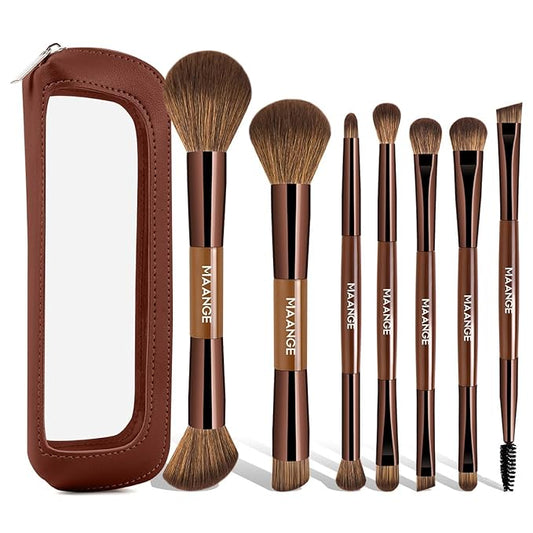 MAANGE 7 PCS Foundation Makeup Brush Set With Bag, Make up Brushes, Eyeshadow Concealer Brush, Double-ended Foundation Contour Powder Blush, Professional Face brush Set Tools For Liquid,Cream (Brown)
