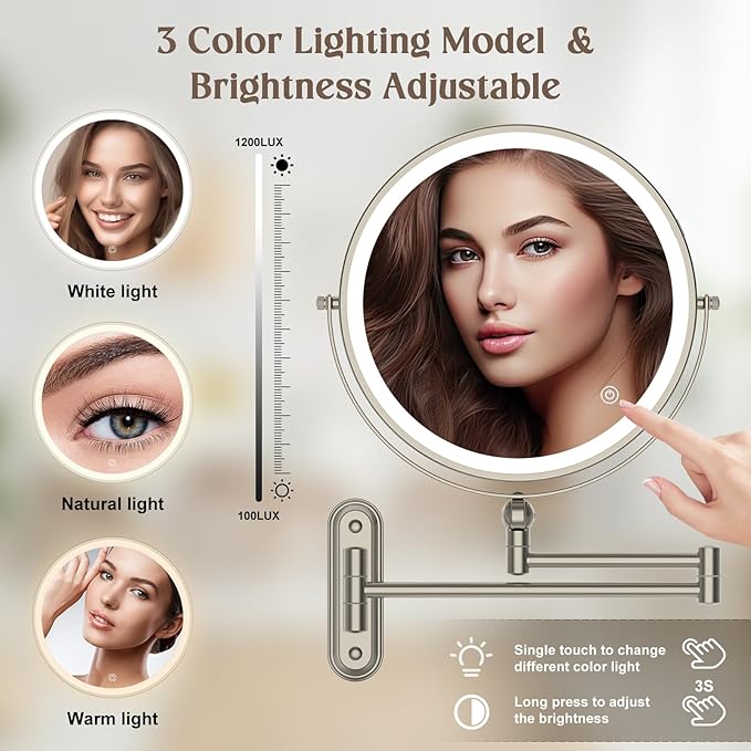 9" Wall Mounted Makeup Lighted Mirror, 4000mAh Rechargeable Double Sided LED Vanity Mirror with Height Adjustable&1X/10X Magnification, 3 Color Lights Bathroom Mirror (9INCH-Nickel)