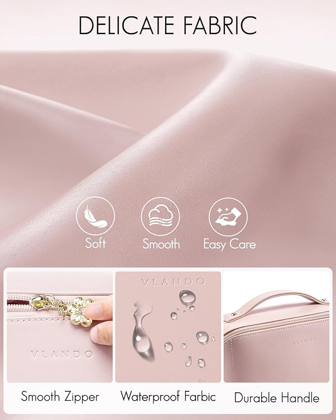 Vlando Makeup Bag,Large Capacity Toiletry Bag for Women Waterproof Portable Make up Pouch PU Leather Open Flat Cosmetic Bag(Pink)
