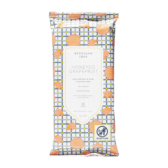 Beekman 1802 Face & Body Wipes, Honeyed Grapefruit - Scented - 30 Count - Cleanses - With Goat Milk, Aloe & Vitamin E - Alcohol Free, Biodegradable - Packaging May Vary