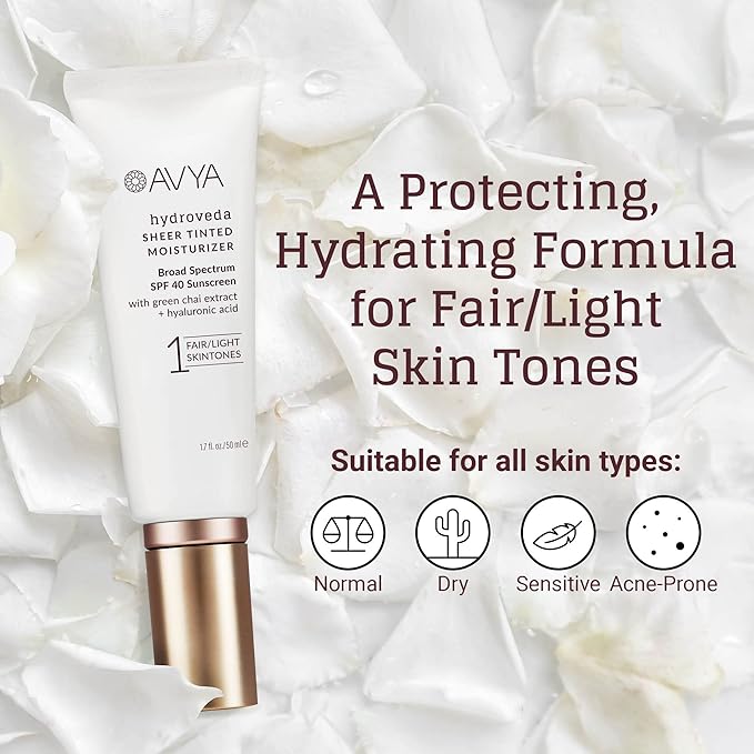 AVYA SPF 40 Sheer Tinted Moisturizer with Hyaluronic Acid & Green Chai – Advanced Ayurvedic Skincare Treatment for Balanced and Brighter Skin/Fair & Light Skintones Shade #1 (1.7oz/50ml)