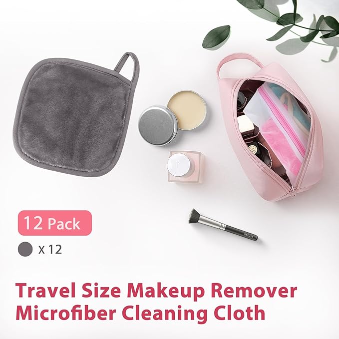 Makeup Remover Cloth, 6" x 6" Make Up Towels Reusable Face Cloth for Washing Face, Makeup Remover Pads Microfiber Face Washcloth with Mesh Bag, Just Water, 12 Pack, Cool Grey