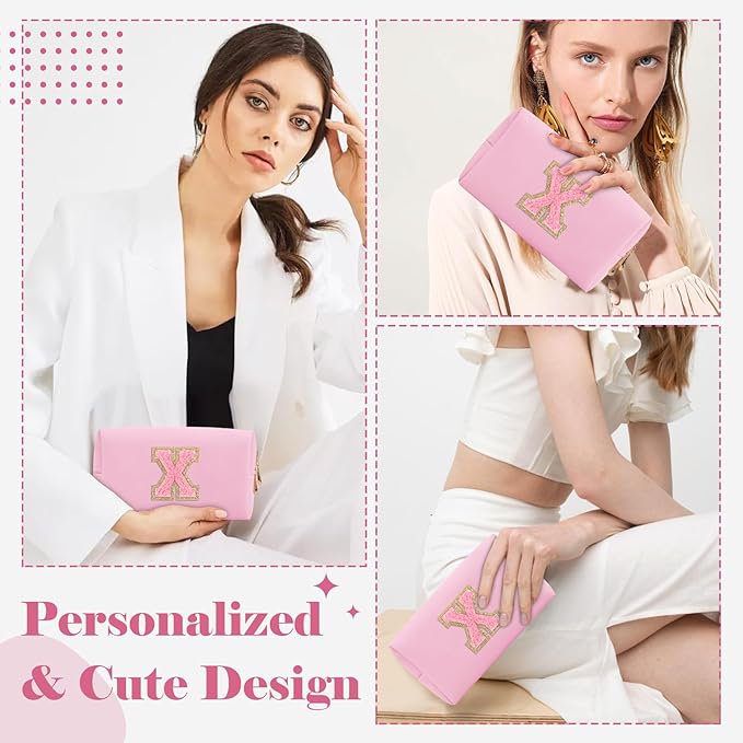 Personalized Initial A-Z Preppy Patch Makeup Bag,Small PU Leather Chenille Letter Cosmetic Bag with Zipper for Teen Girls,Pink Cute Travel Toiletry Bag,Birthday Monogrammed Gift for Daughter,Letter X
