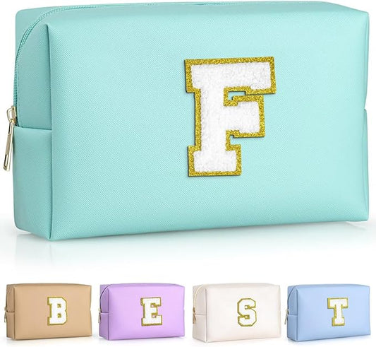 TOPEAST Preppy Makeup Bag, Small Cosmetic Travel Bags for Women, PU Leather Waterproof Toiletry Bag with Zipper, Personalized Birthday Gift for Women Girl, Preppy Gifts for Girl (Blue F)