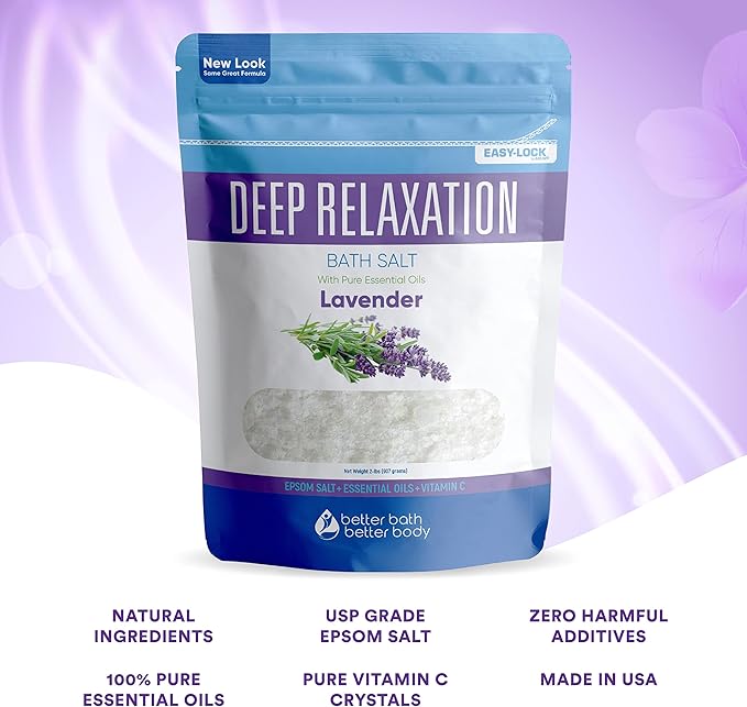 Deep Relaxation Bath Salt 32 Ounces Epsom Salt with Natural Lavender Essential Oil Plus Vitamin C in BPA Free Pouch with Easy Press-Lock Seal