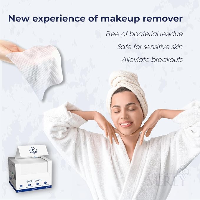 Merly™ Disposable Face Towels, Facial Wipes Towelettes Disposable, Towels Cloth For Cleaning Face, 10"x12", 50 Counts, 1 pack, Ultra-Soft, Super Absorbent, Biodegradable