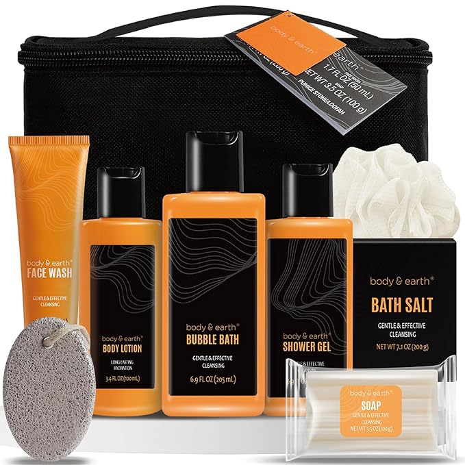 Body & Earth Gift Baskets for Men Bath Set Citrus Scented Bath and Body Gift Set with Body Lotion, Face Wash, Shower Gel, Bubble Bath, Loofah, Birthday Gifts